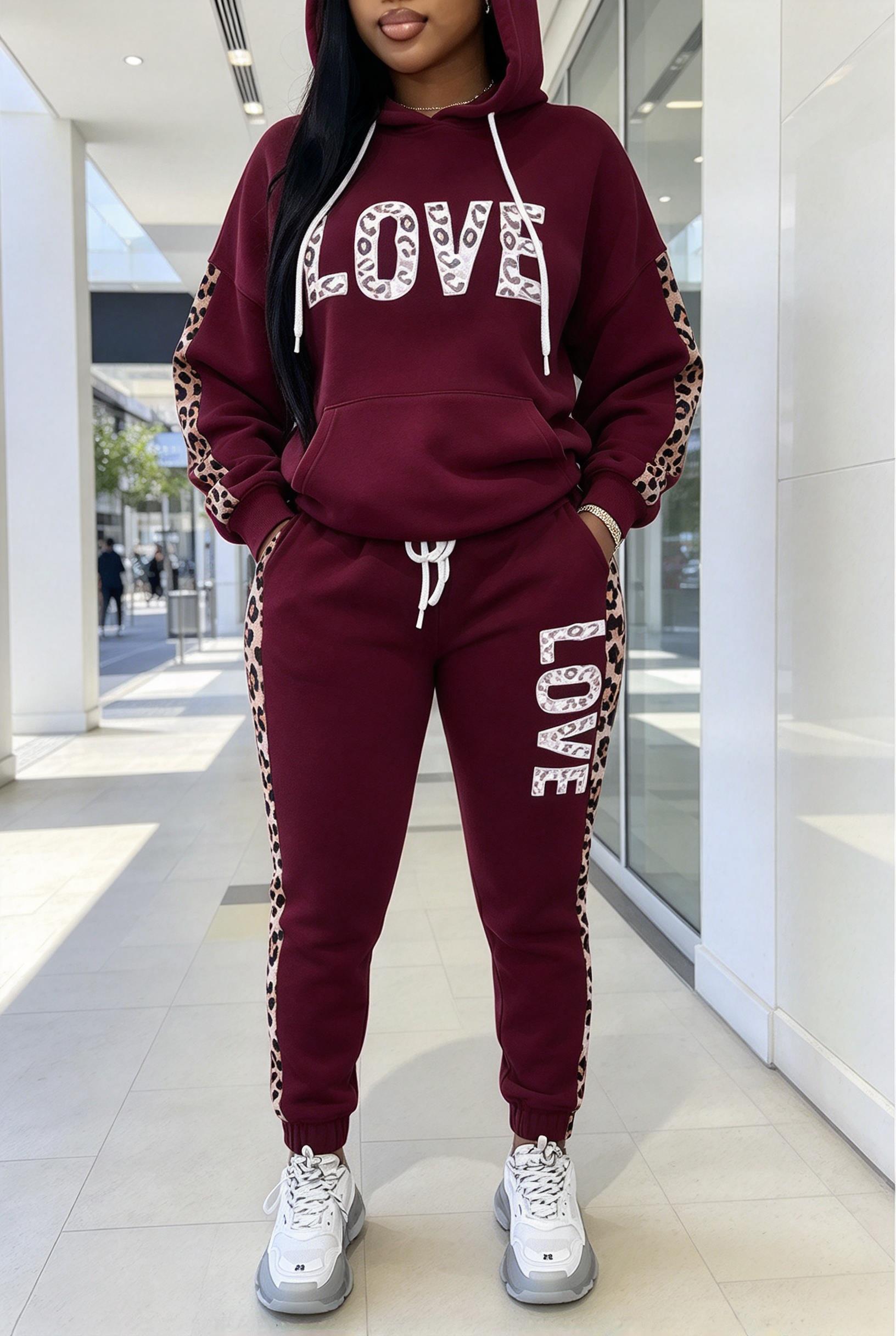 Joggers Pants - Women Letter Leopard Spliced Hooded Tracksuit,