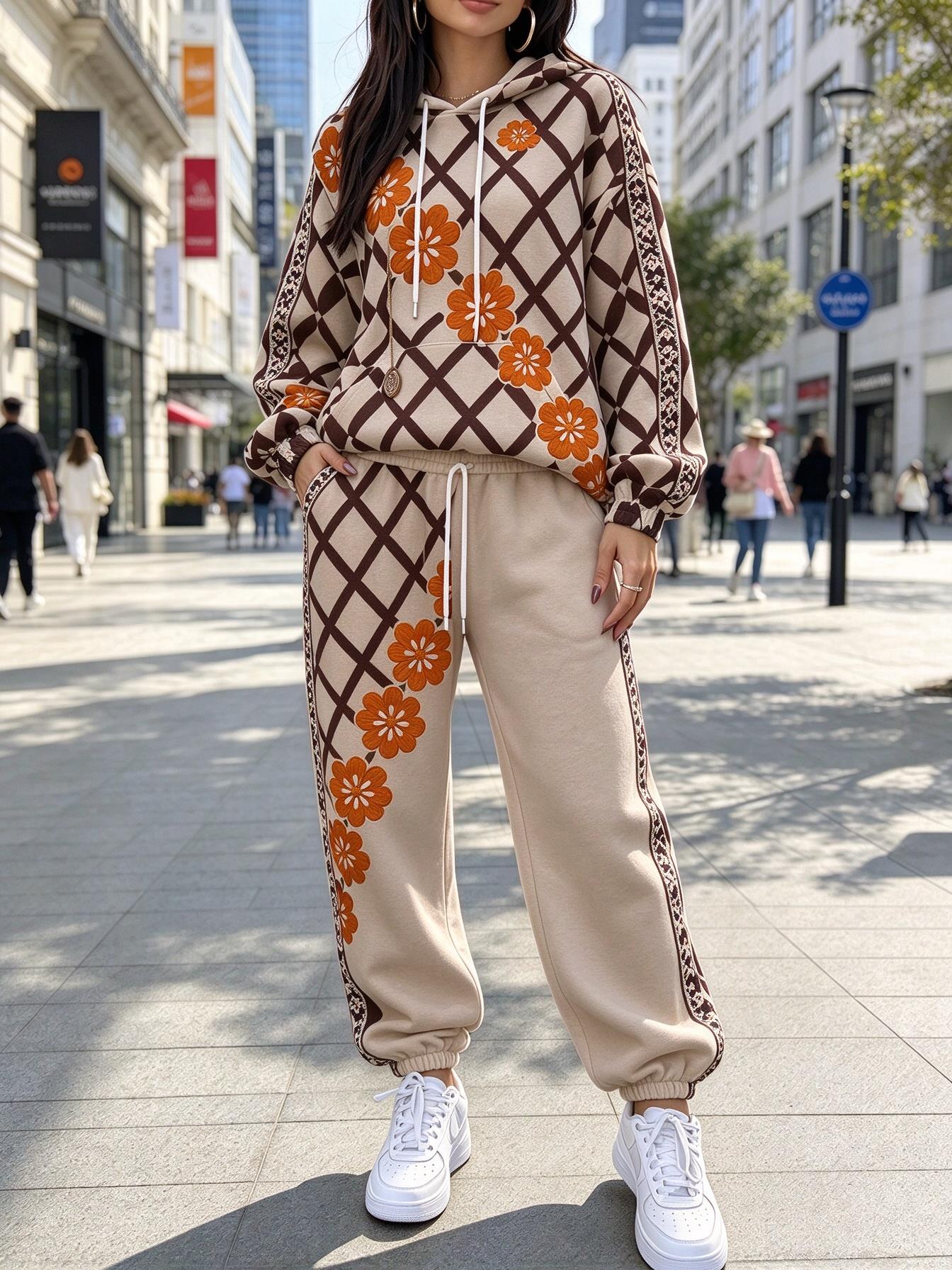 Women Grid Floral Print Hooded - Joggers Pants 评论和价格
